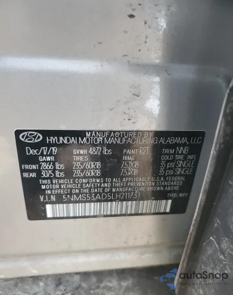 2020 Hyundai Santa Fe Limited from USA, damaged, VIN 5NMS53AD5LH211731